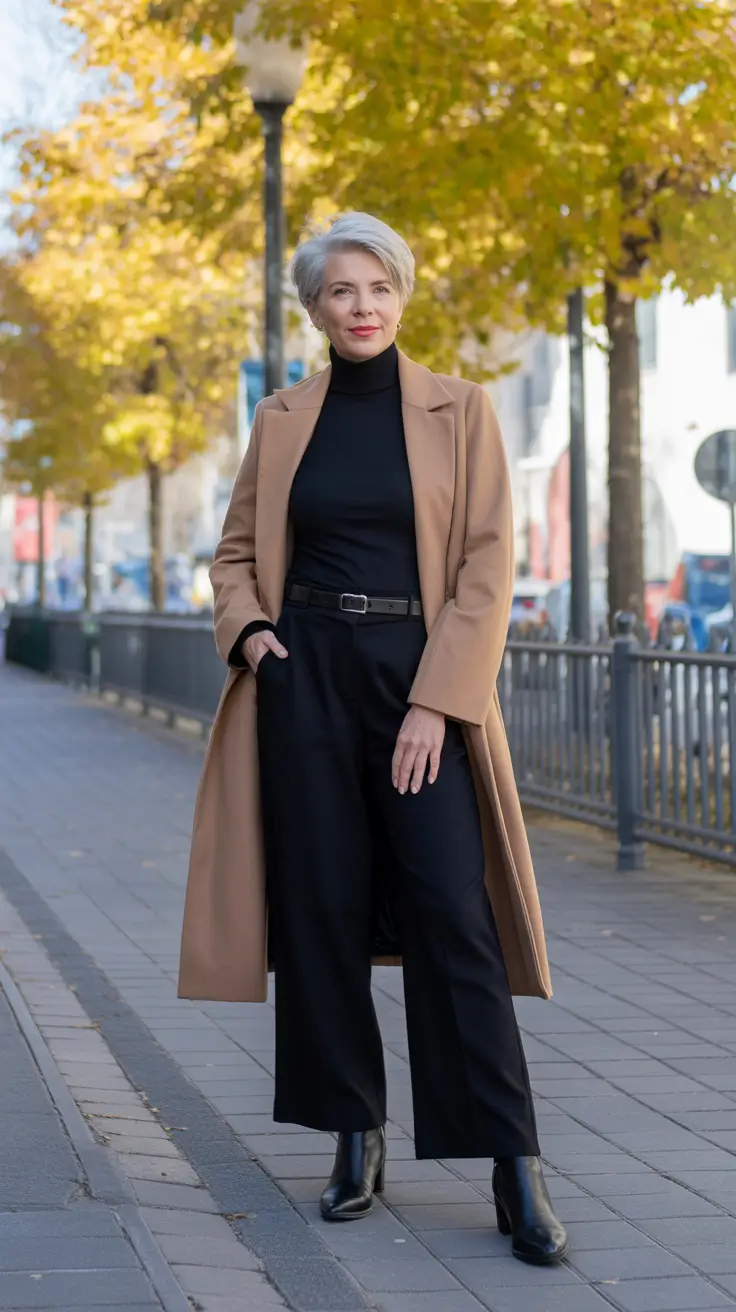 Outfits for Women Over 60 Winter 2025 - 2026 - Camel and Black - The Effortless City Classic