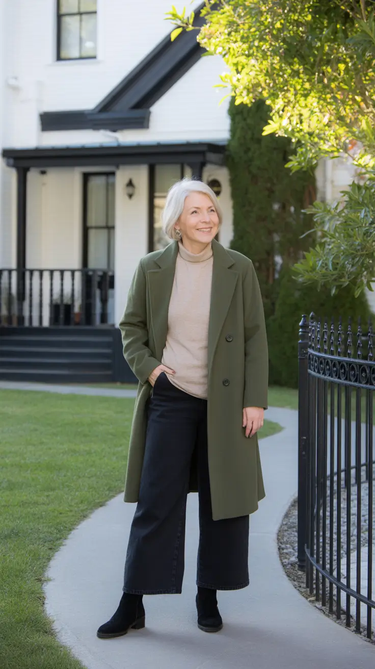 Outfits for Women Over 60 Winter 2025 - 2026 - Olive Coat With Oat Knit - Easy Denim and Soft Suede