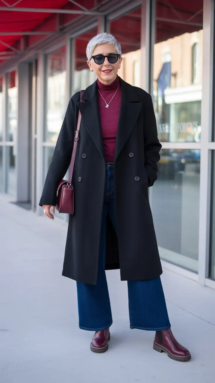 Outfits for Women Over 60 Winter 2025 - 2026 – Burgundy Layers With a Black Topcoat - Polished City Casual