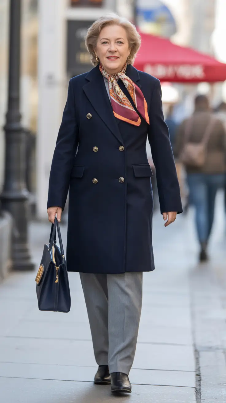 Outfits for Women Over 60 Winter 2025 - 2026 – Navy Officer Coat And Silk Scarf - The Tailored Classic