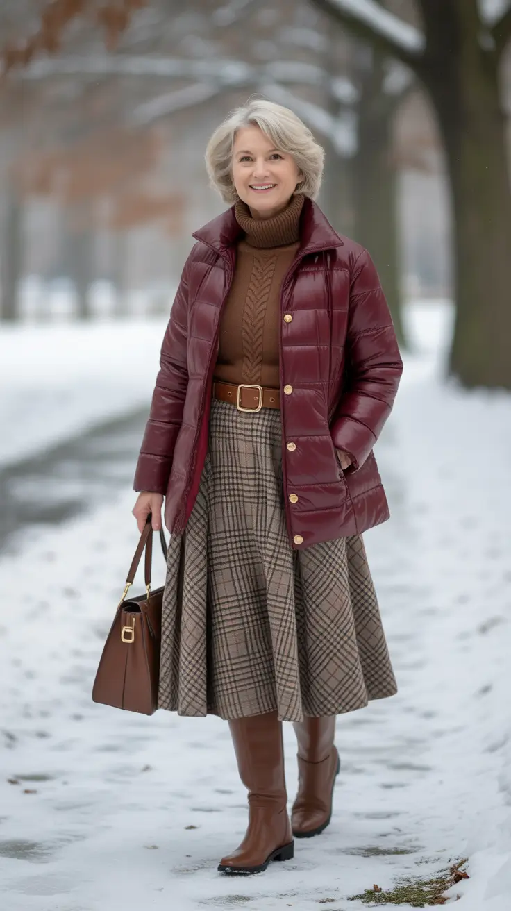 Outfits for Women Over 60 Winter 2025 - 2026 – Burgundy Puffer With Plaid Midi - Heritage, But Make It Fresh