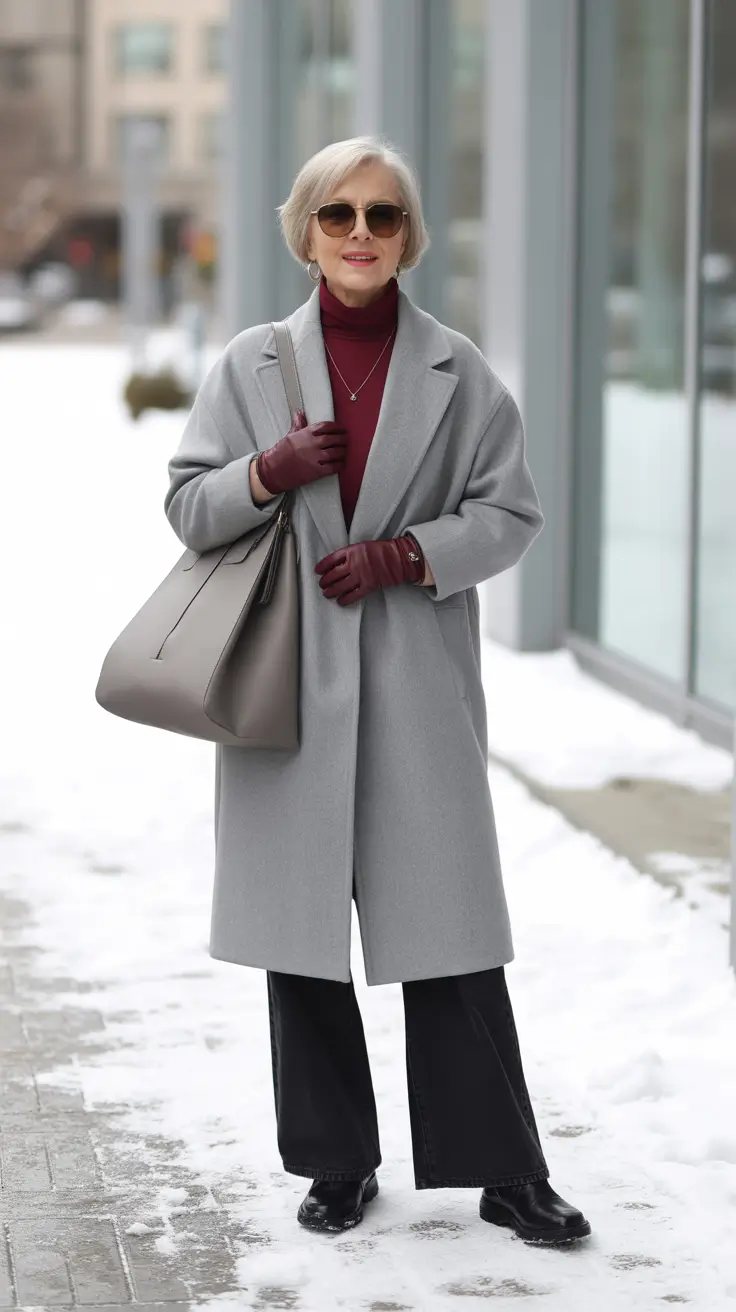 Outfits for Women Over 60 Winter 2025 2026 - Soft Grey Coat - Burgundy Accent That Feels Luxe