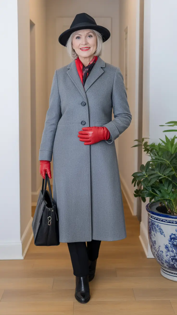 Outfits for Women Over 60 Winter 2025 - 2026 – Gray Coat With Red Accents - Minimalist With a Bold Wink