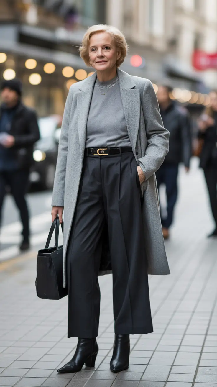 Outfits for Women Over 60 Winter 2025 2026 - Tailored Grey - Wide-Leg Trousers With Sleek Boots