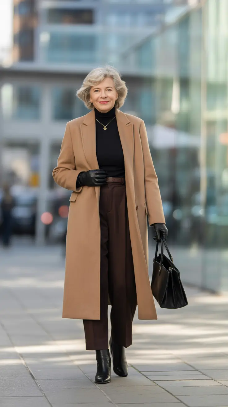 Outfits for Women Over 60 Winter 2025 2026 - Camel Coat - Dark Base and Gold Jewelry