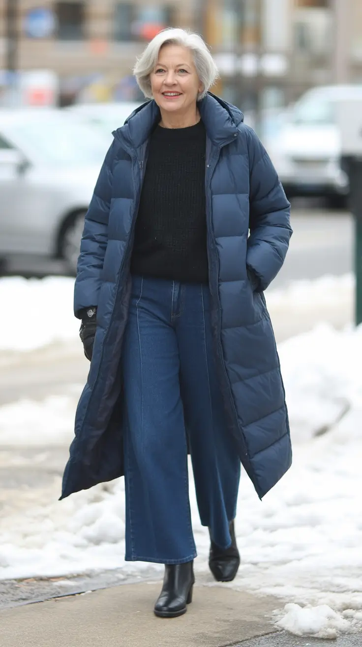 Outfits for Women Over 60 Winter 2025 - 2026 – Long Puffer With Wide-Leg Denim - The Easy Street Classic