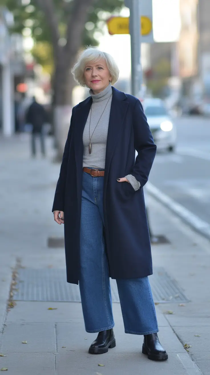 Outfits for Women Over 60 Winter 2025 - 2026 – Navy Topcoat, Gray Turtleneck, Cropped Denim - Minimal, But Make It Warm