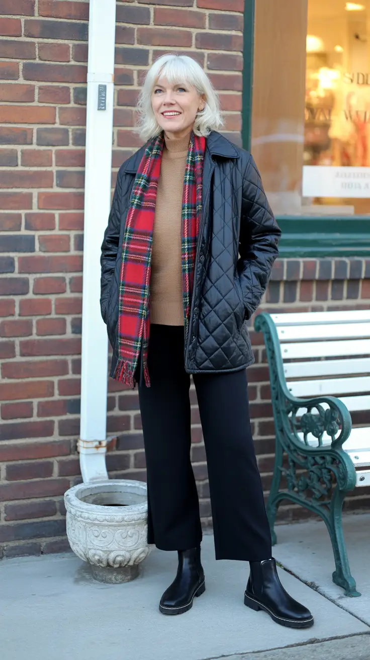 Outfits for Women Over 60 Winter 2025 - 2026 – Quilted Jacket With Camel Knit And Tartan - Heritage Meets Now