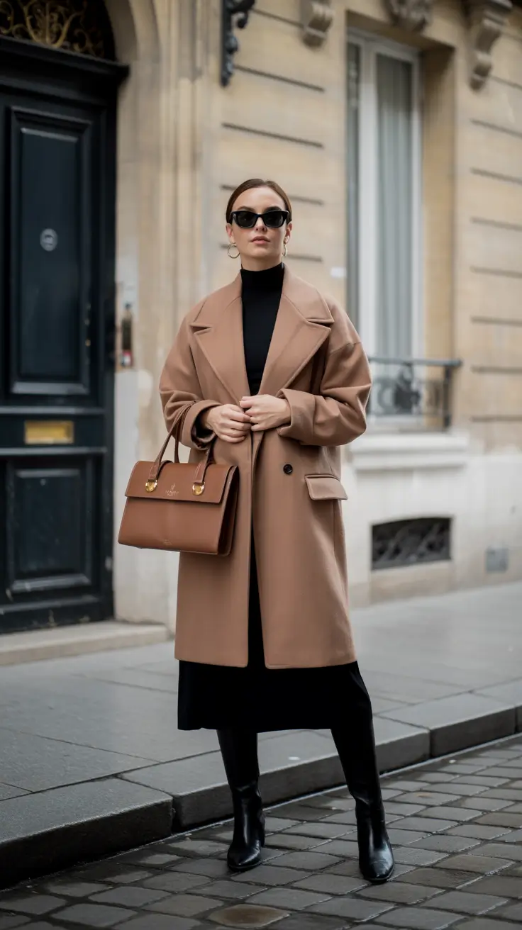 winter work outfits – Caramel Coat With All-Black Base