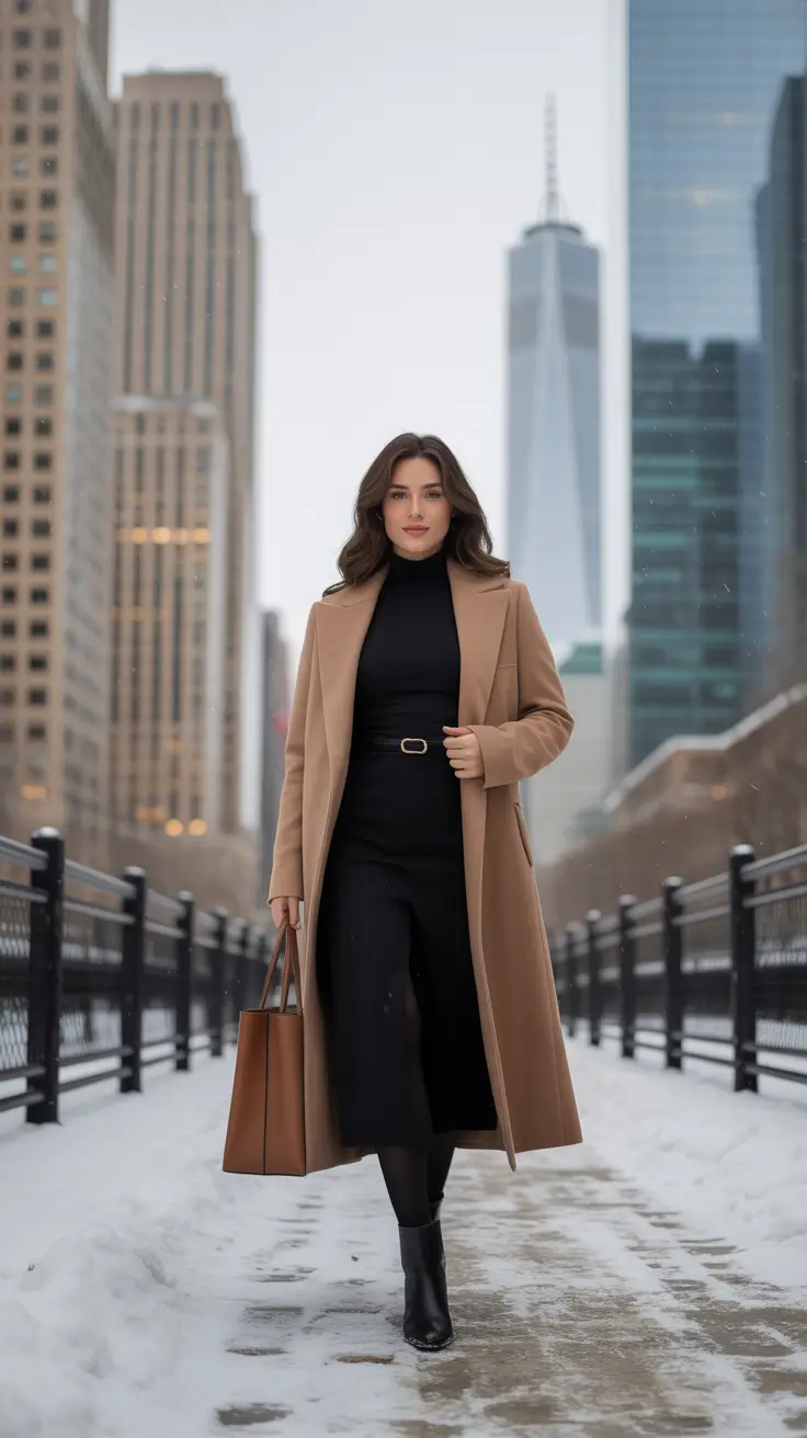 winter work outfits ideas 2025 - 2026 - Camel Coat Over an All-Black City Uniform