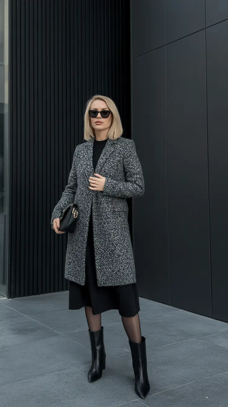 winter work outfits – Salt-and-Pepper Coat With Sleek Black Core