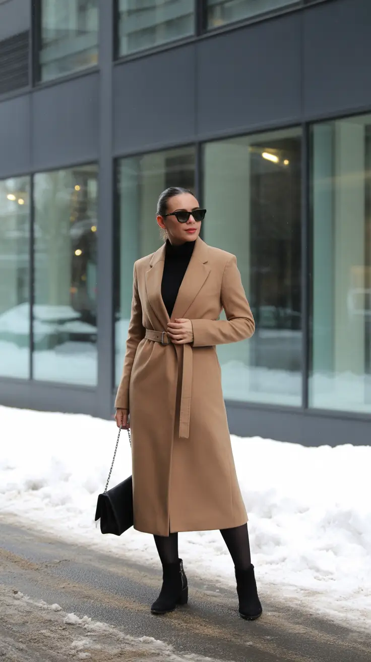 winter work outfits – Waist-Belted Camel Wrap, All-Black Underpinnings