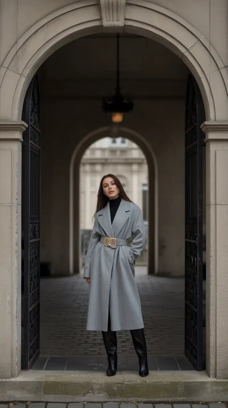 winter work outfits – Soft-Gray Coat With Statement Belt And Tall Boots