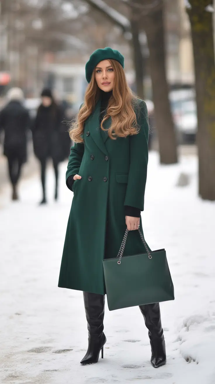 winter work outfits – Evergreen Set With Beret And Matching Tote