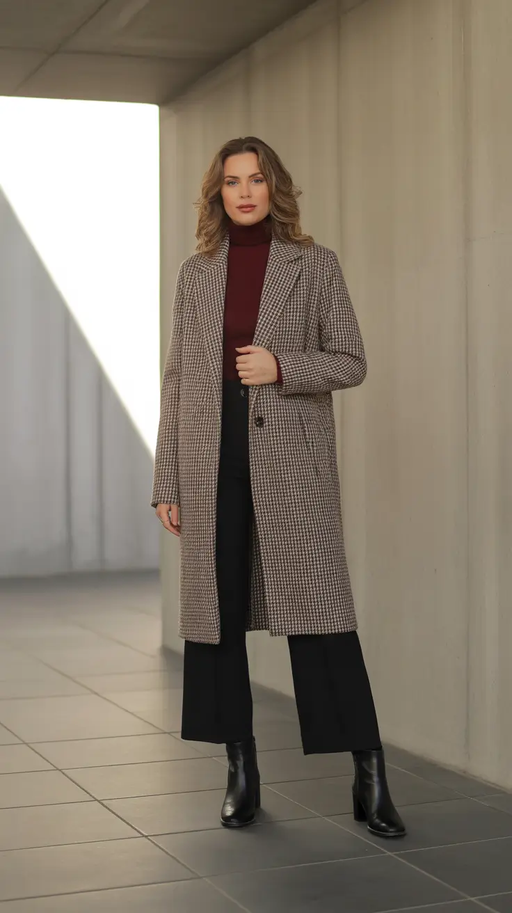 winter work outfits - Houndstooth and Merlot Turtleneck - Polished and Warm