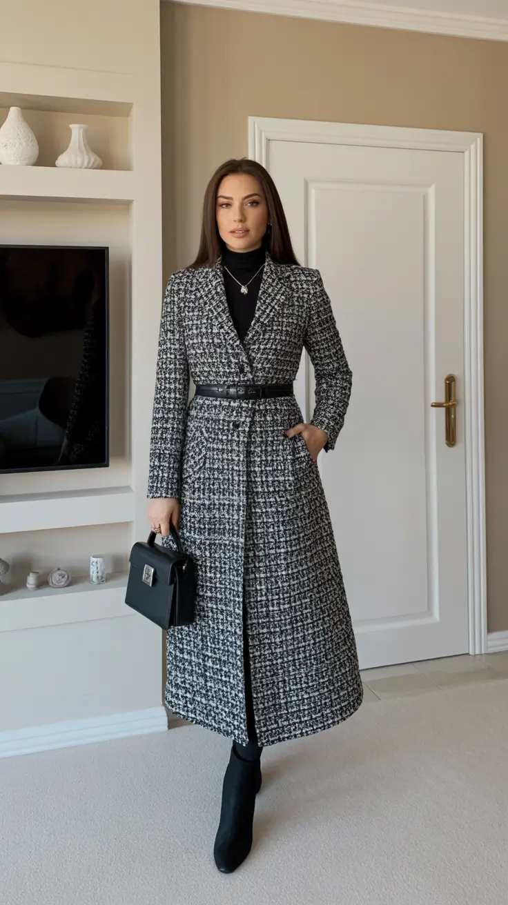 winter work outfits - Belted Tweed Midi Coat - Heritage With a Boss Energy