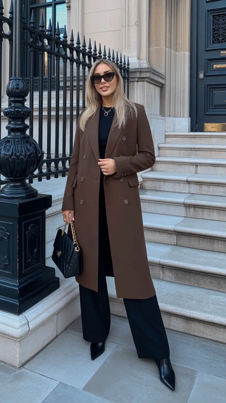 winter work outfits - Chocolate Double-Breasted Coat - Luxe Monochrome Update