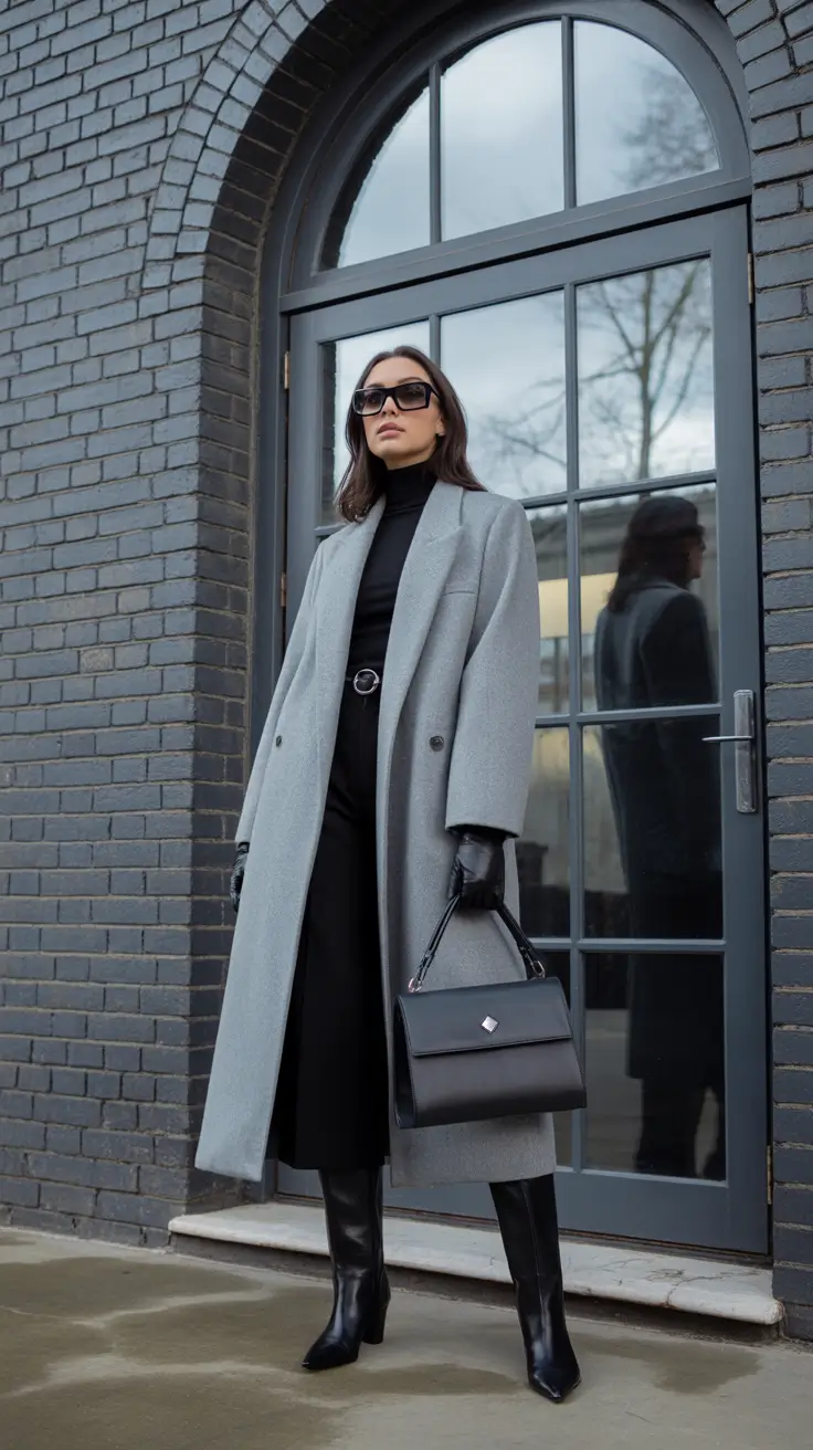 winter work outfits – Graphite Coat With Black Monochrome