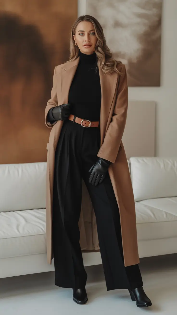 Camel Coat, Black Knit Stepped Wide-Leg Trousers outfit