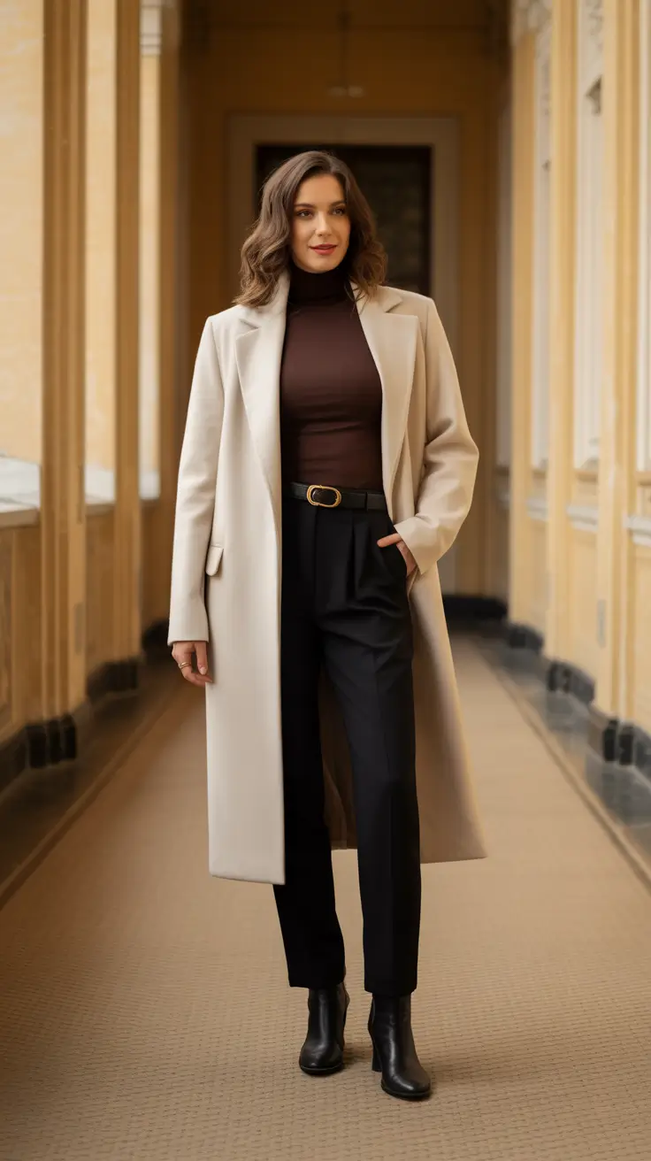 winter work outfits ideas 2025 - 2026 - Cream Coat with Chocolate Turtleneck and Tailored Black Trousers