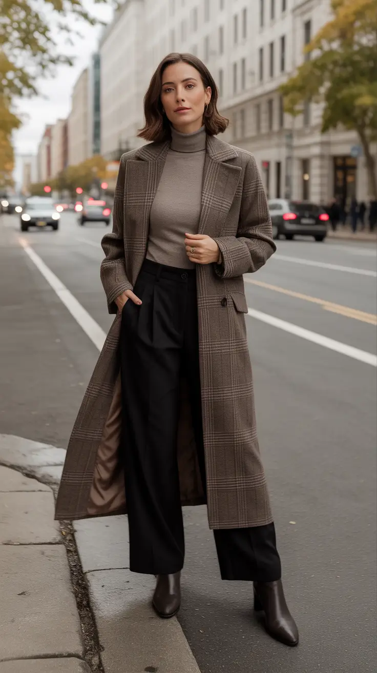 winter work outfits ideas 2025 - 2026 - Checked Longline Coat with Taupe Knit and Relaxed Black Trousers