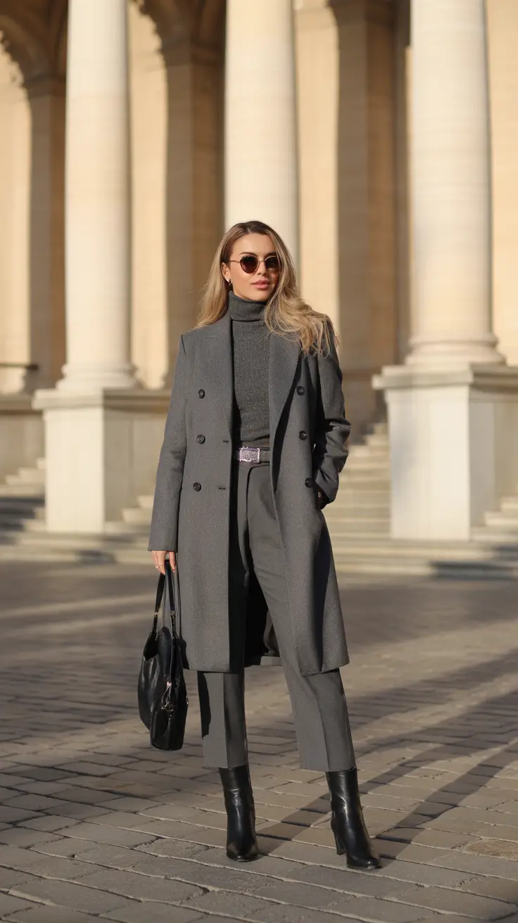 winter work outfits ideas 2025 - 2026 - Monochrome Grey - Power Layering That Means Business