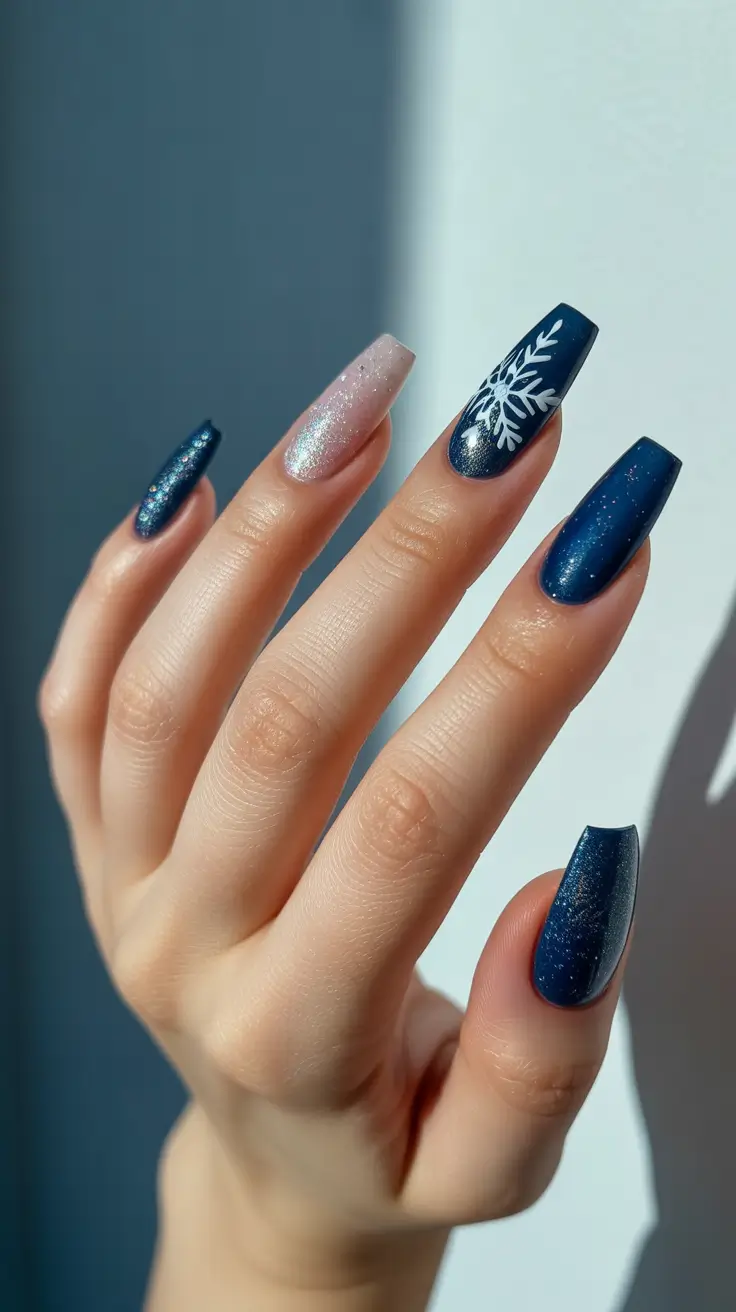 Best Blue Nails Winter 2025 2026 - Midnight Brilliance With A Single Snowflake