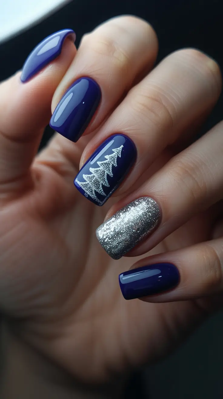 Best Blue Nails Winter 2025 / 2026 - Nordic Spruce Accent with Silver Frost