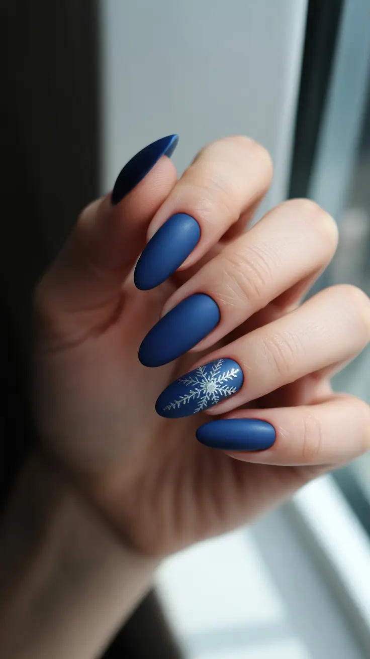 Best Blue Nails Winter 2025 2026 - Velvet Navy Almond With a Single Silver Flake