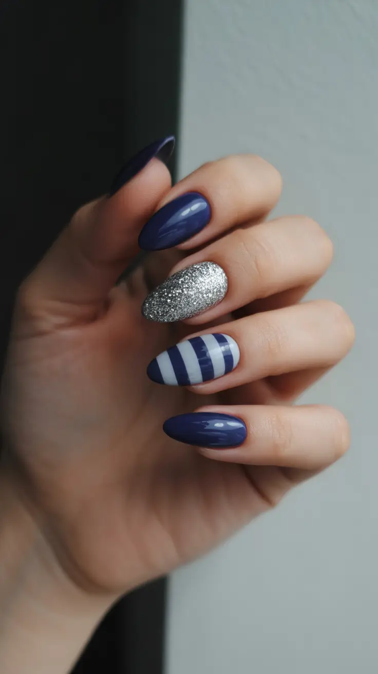 Best Blue Nails Winter 2025 2026 - Midnight Stripes and One Glitter Mitt