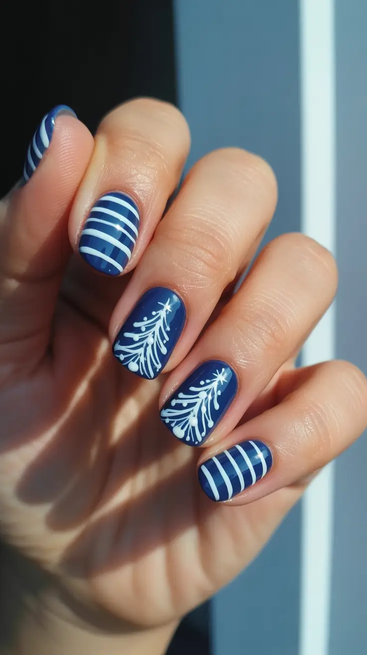 Best Blue Nails Winter 2025 2026 - Short Navy With Graphic Pines and Stripes