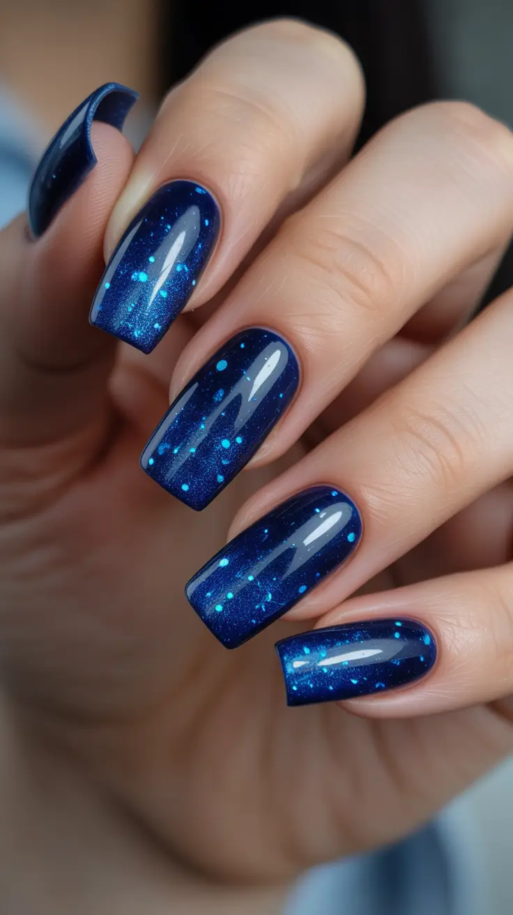 Best Blue Nails Winter 2025 / 2026 - Starry Night Gloss on Long Squares