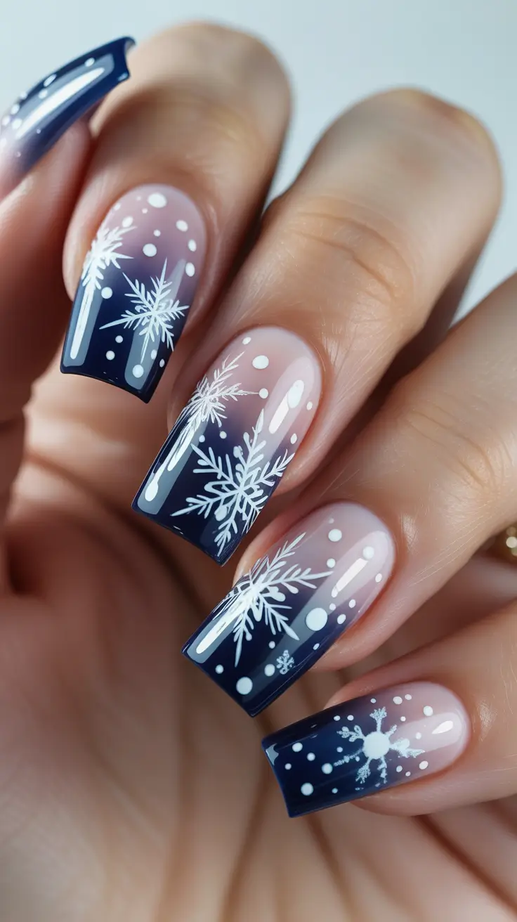 Best Blue Nails Winter 2025 / 2026 - Navy Reverse French with Falling Flakes