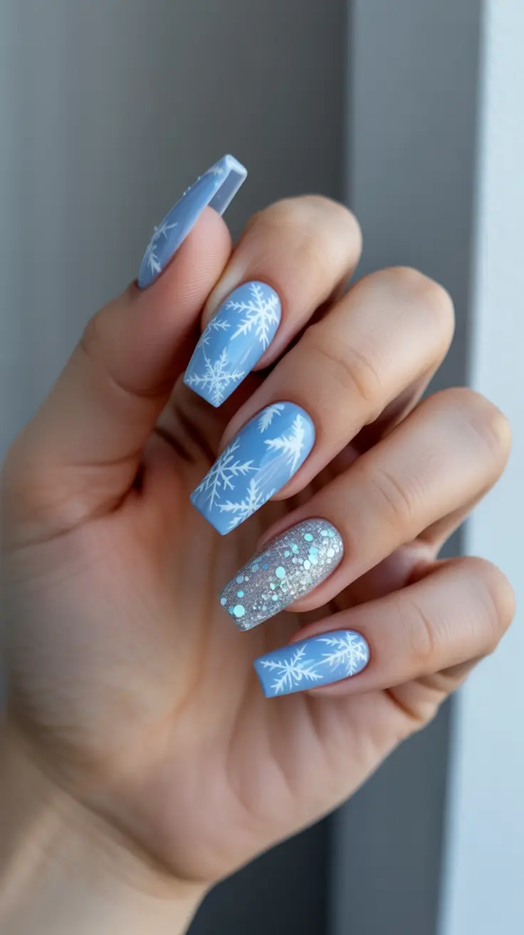 Best Blue Nails Winter 2025 2026 - Frosty Sky Blue With Scattered Snow