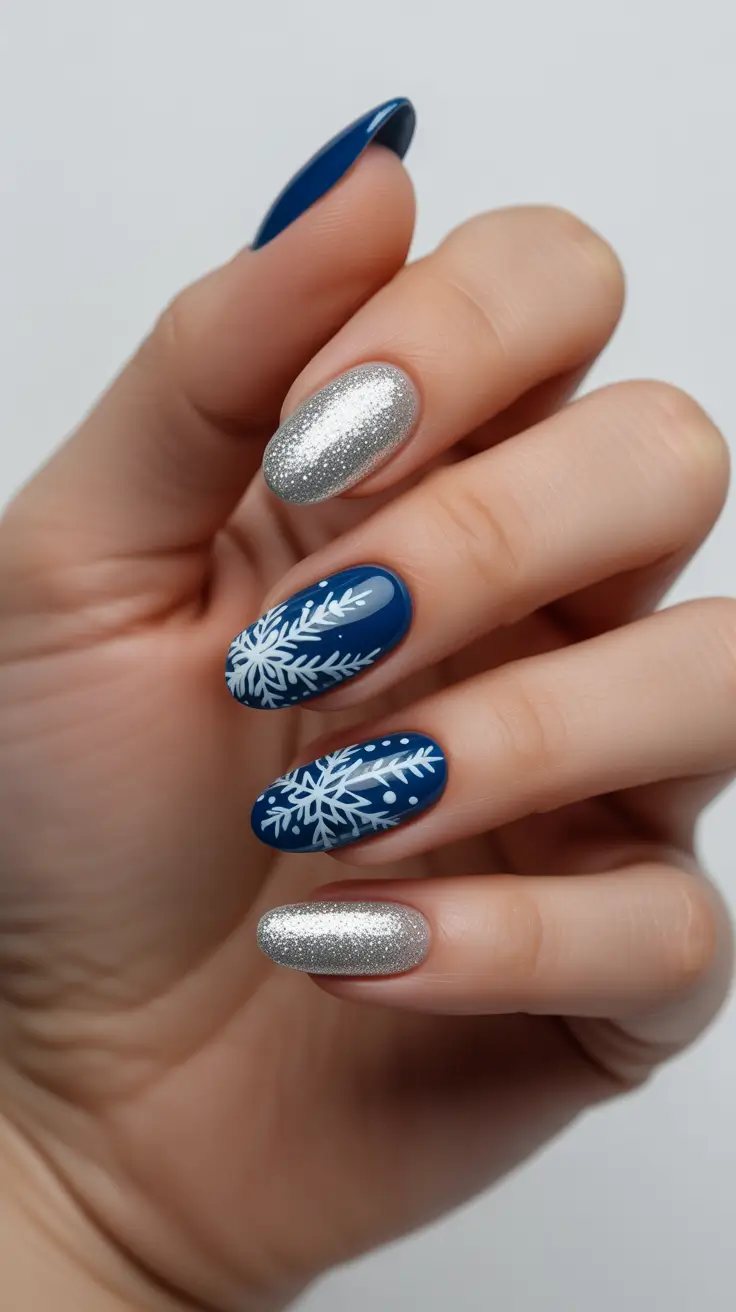 Best Blue Nails Winter 2025 / 2026 - Almond Blue with Silver Frost Accents