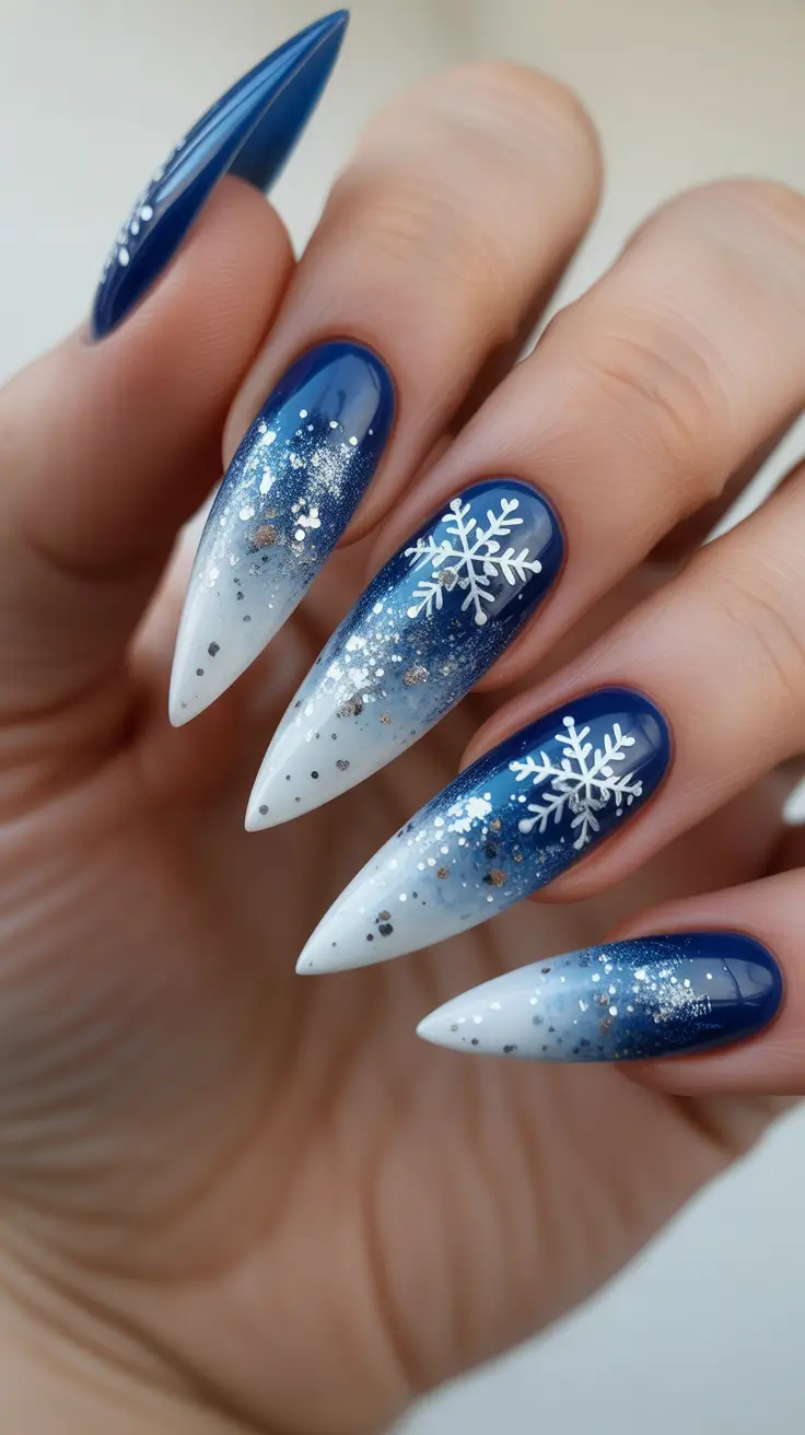 Best Blue Nails Winter 2025 / 2026 - Frost-Tipped Stilettos with Silver Snowfall