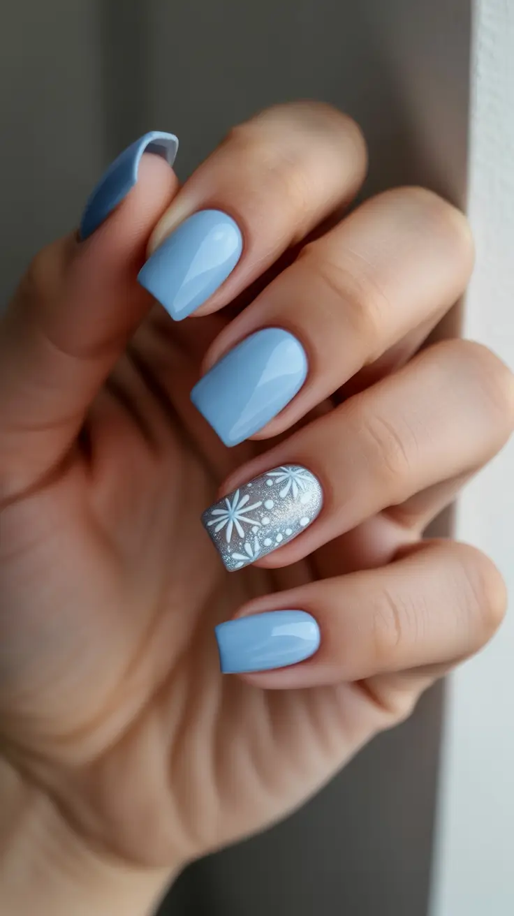 Best Blue Nails Winter 2025 2026 - Powder Blue Shorties With Silver Bloom