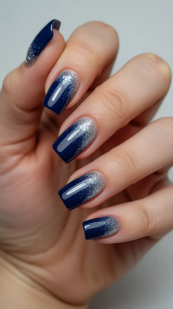 Best Blue Nails Winter 2025 2026 - Navy To Silver Gradient French