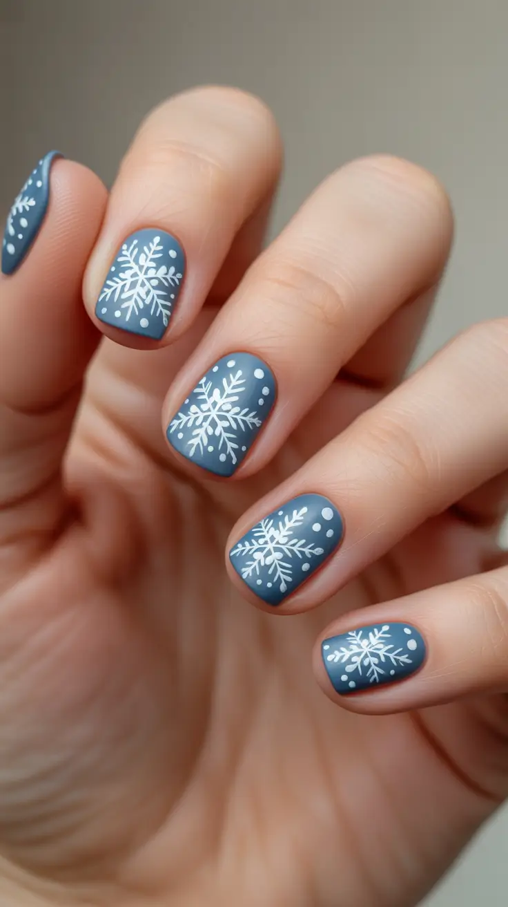 Best Blue Nails Winter 2025 2026 - Matte Slate With Hand-Painted Snowflakes