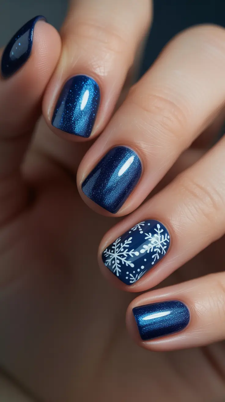 Best Blue Nails Winter 2025 / 2026 - Midnight Shimmer with Delicate Snowflakes