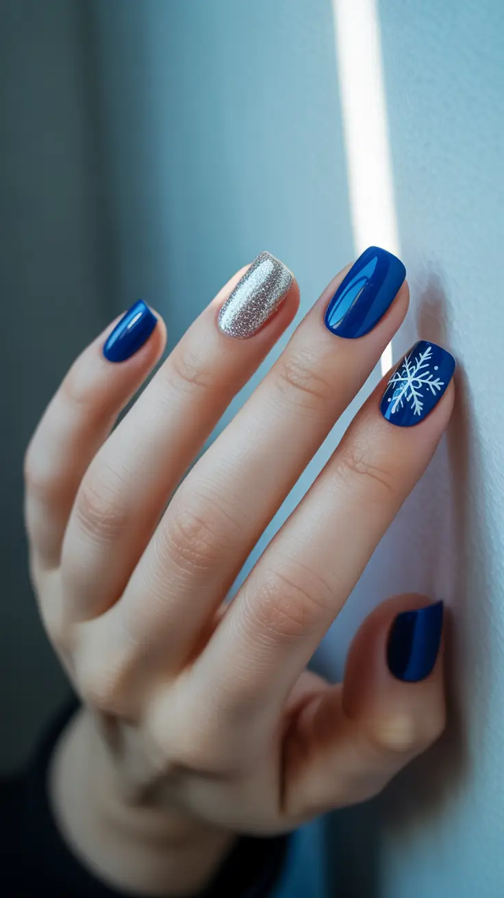 Best Blue Nails Winter 2025 / 2026 - Royal Blue Gloss with Silver Accent and Single Flake