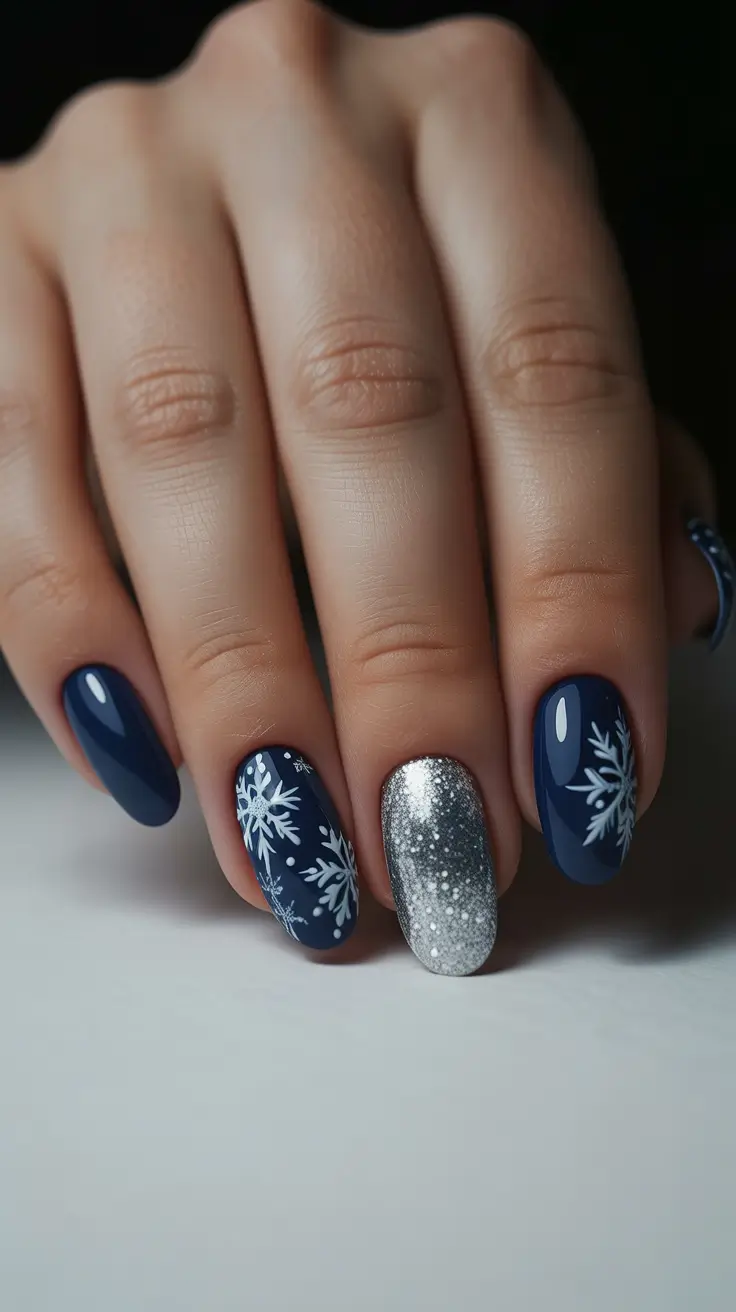 Best Blue Nails Winter 2025 / 2026 - Navy Almond with Icy Glitter Statement