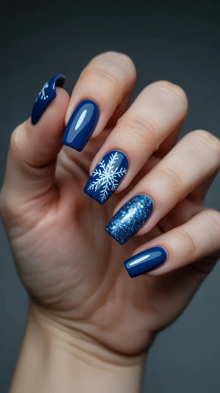 Best Blue Nails Winter 2025 / 2026 - Square Galaxy Blue with Bold Snowflake and Sparkle