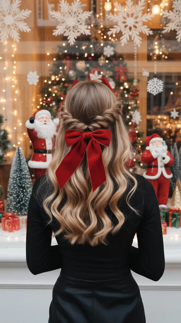 Christmas Hairstyles 2025 - Twisted Half-Up With Velvet Statement Bow