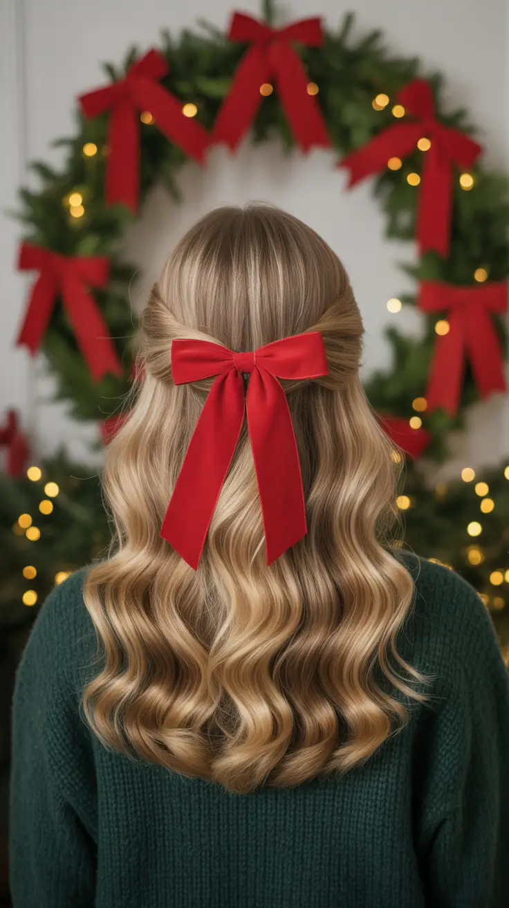 Christmas Hairstyles 2025 - Classic Half-Up Waves With Scarlet Bow