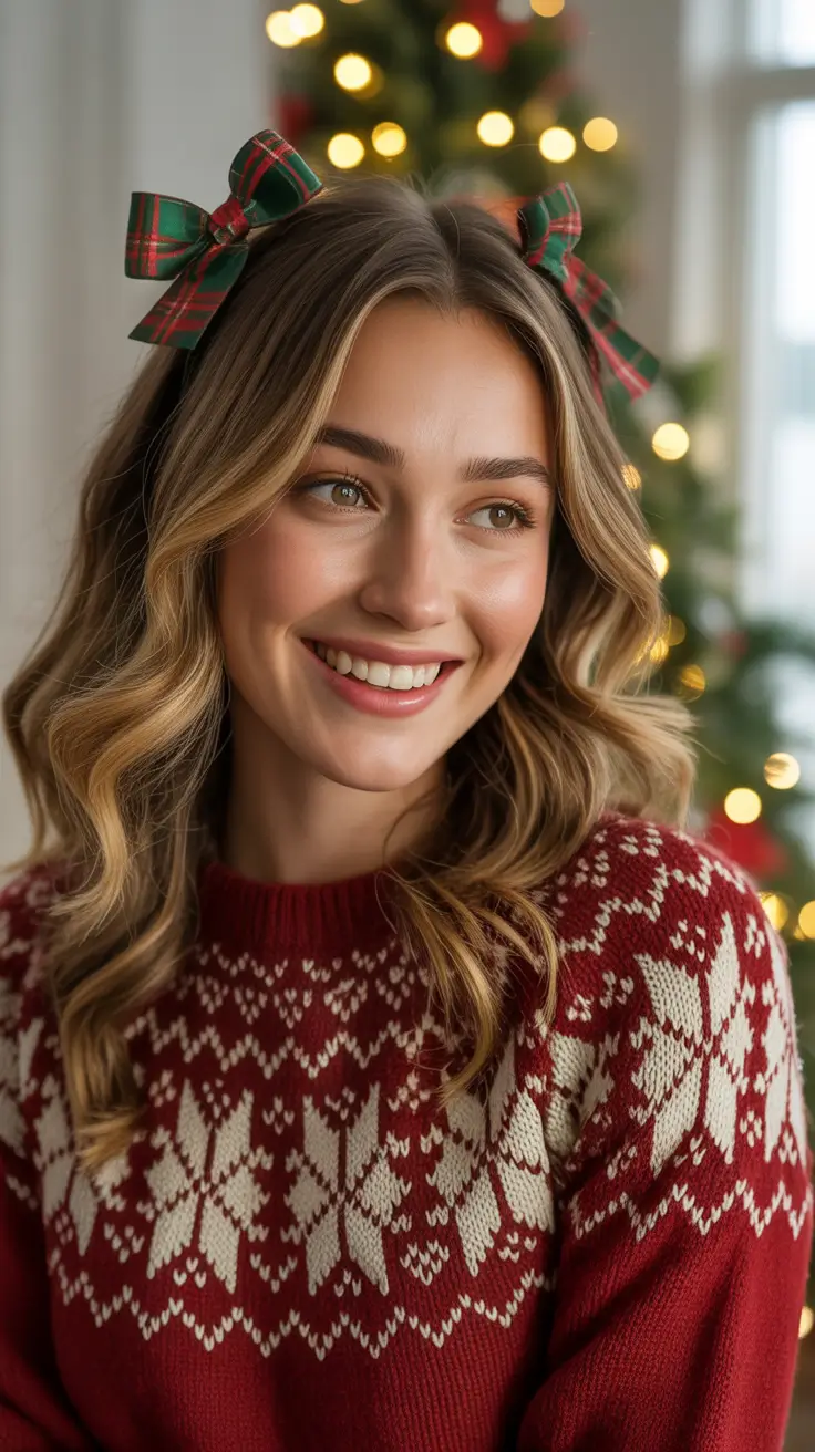 Christmas Hairstyles 2025 - Double Tartan Bows With Cozy Mid-Length Curls