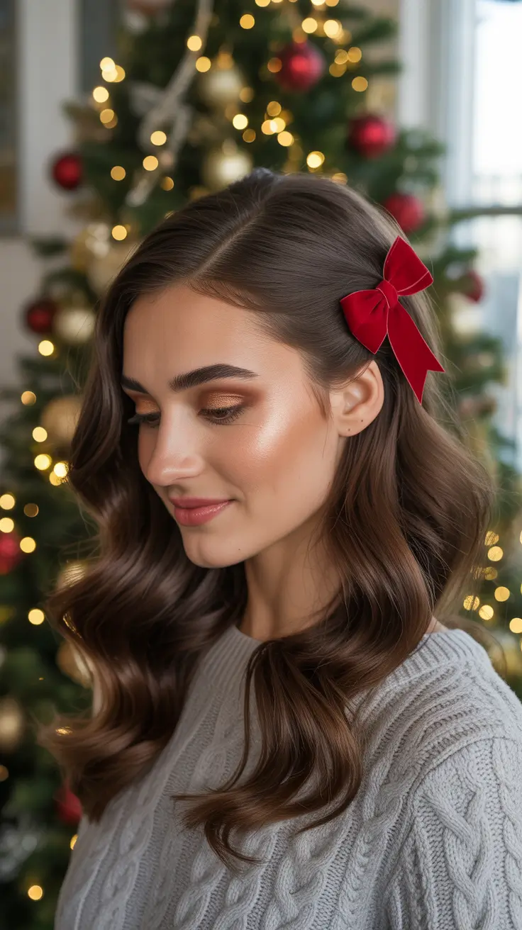 Christmas Hairstyles 2025 - Side-Part Hollywood Waves With Cherry Clip