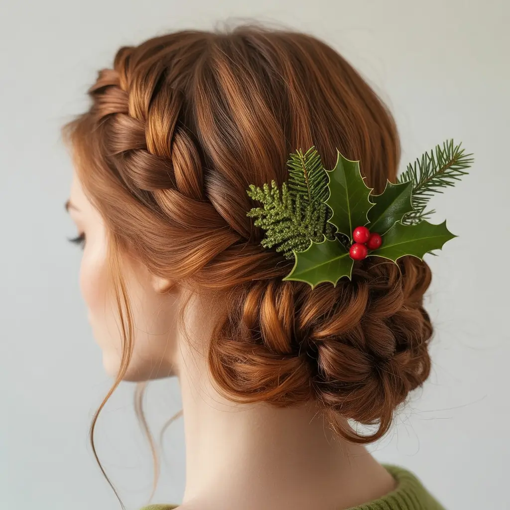 Christmas Hairstyles 2025 - Braided Crown Chignon With Holly Accent