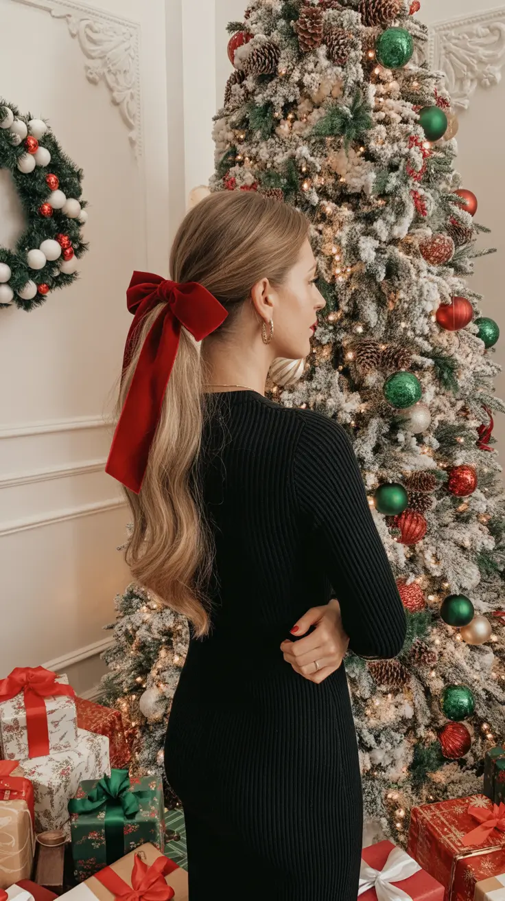 Christmas Hairstyles 2025 - Sleek Low Pony With Oversized Velvet Bow