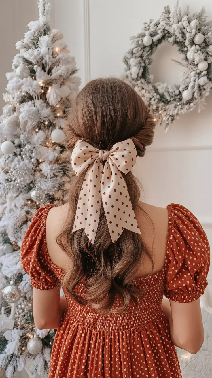 Christmas Hairstyles 2025 - Polka-Dot Bow Half-Up Soft Waves